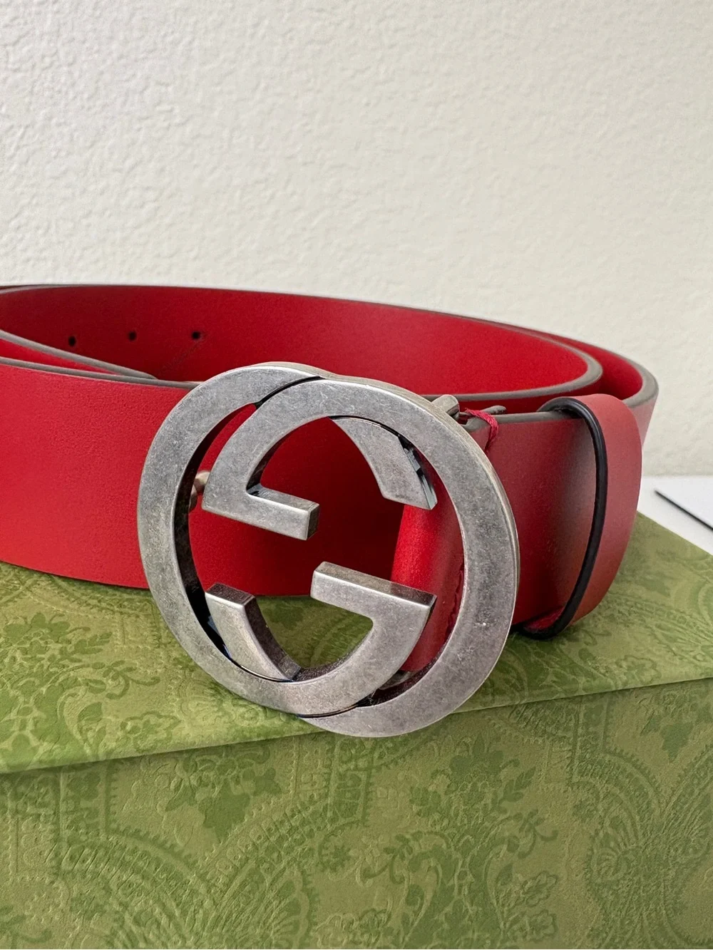 Gucci Red Leather Belt with Silver Double-G Buckle 95cm